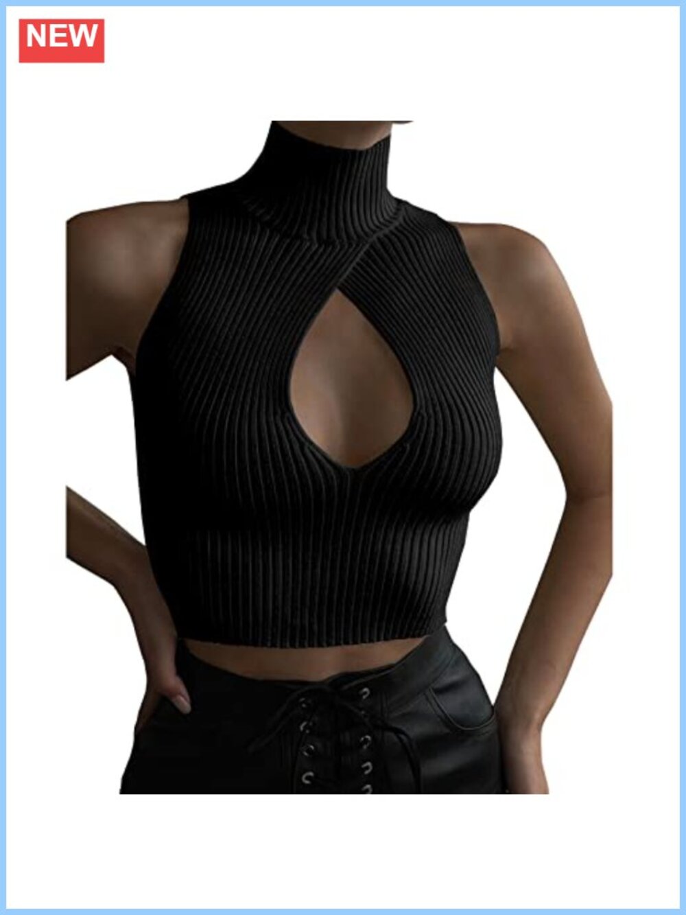 Sleeveless Mock Neck Rib Knit Crop Tank Top Cutout Slim Fit